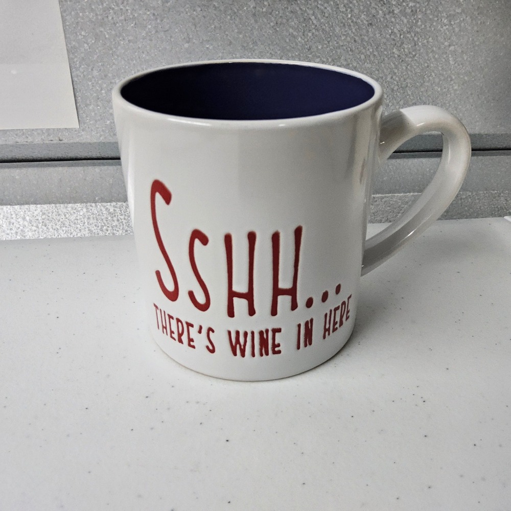 Novelty‎ Coffee Mug SSHH There's Wine In Here White and Blue Ceramic